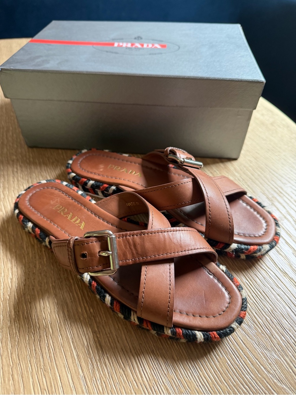 Prada Brown Leather Cross-Strap Espadrille Sandals with Multicolor Trim